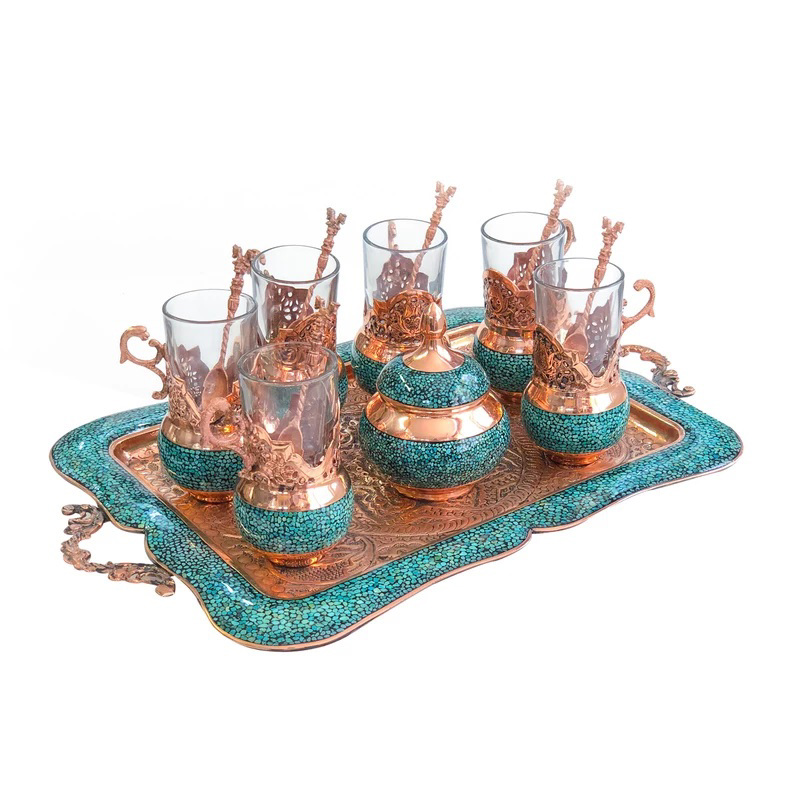 Set of 8 turquoise tattoo teapots